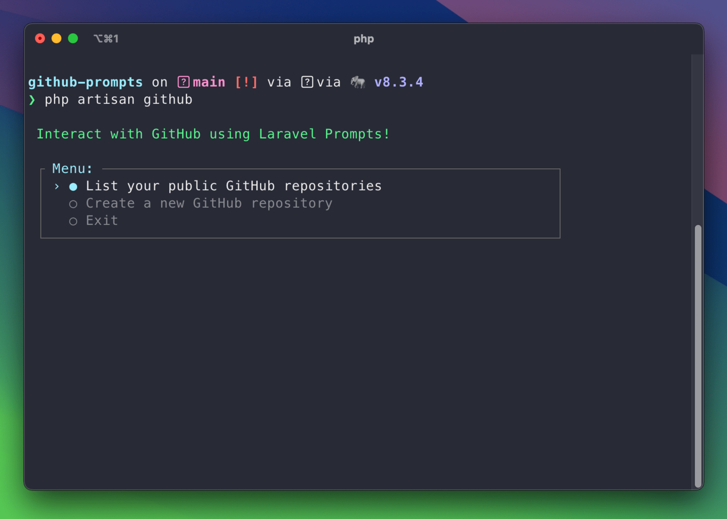 GitHub CLI demo menu