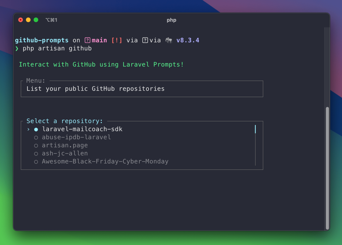 GitHub CLI demo repo menu