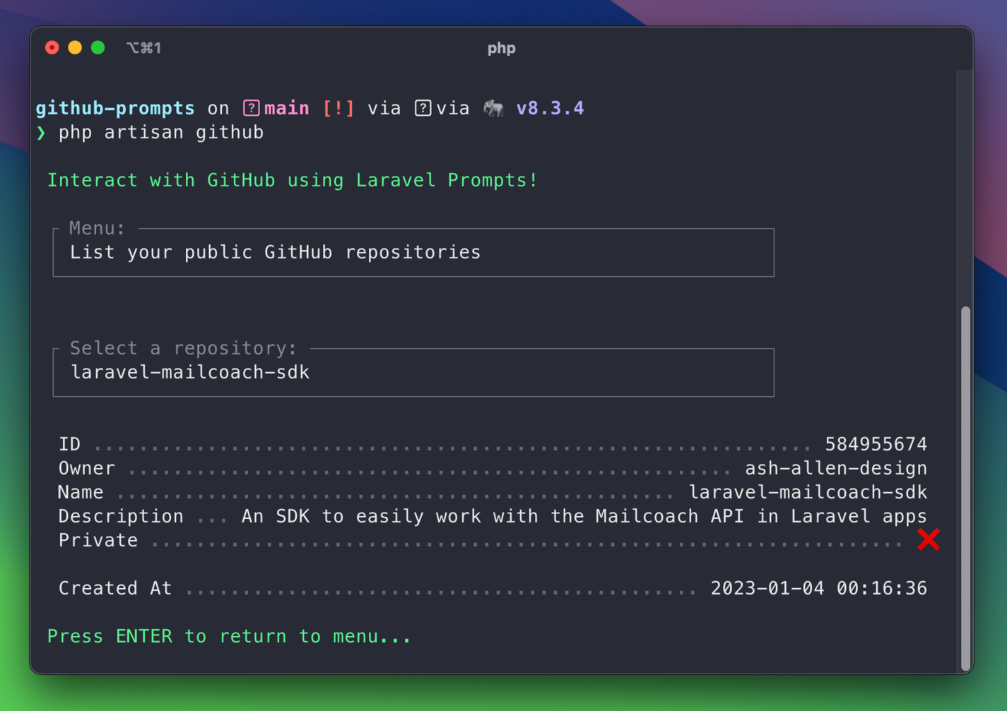 GitHub CLI demo repo information