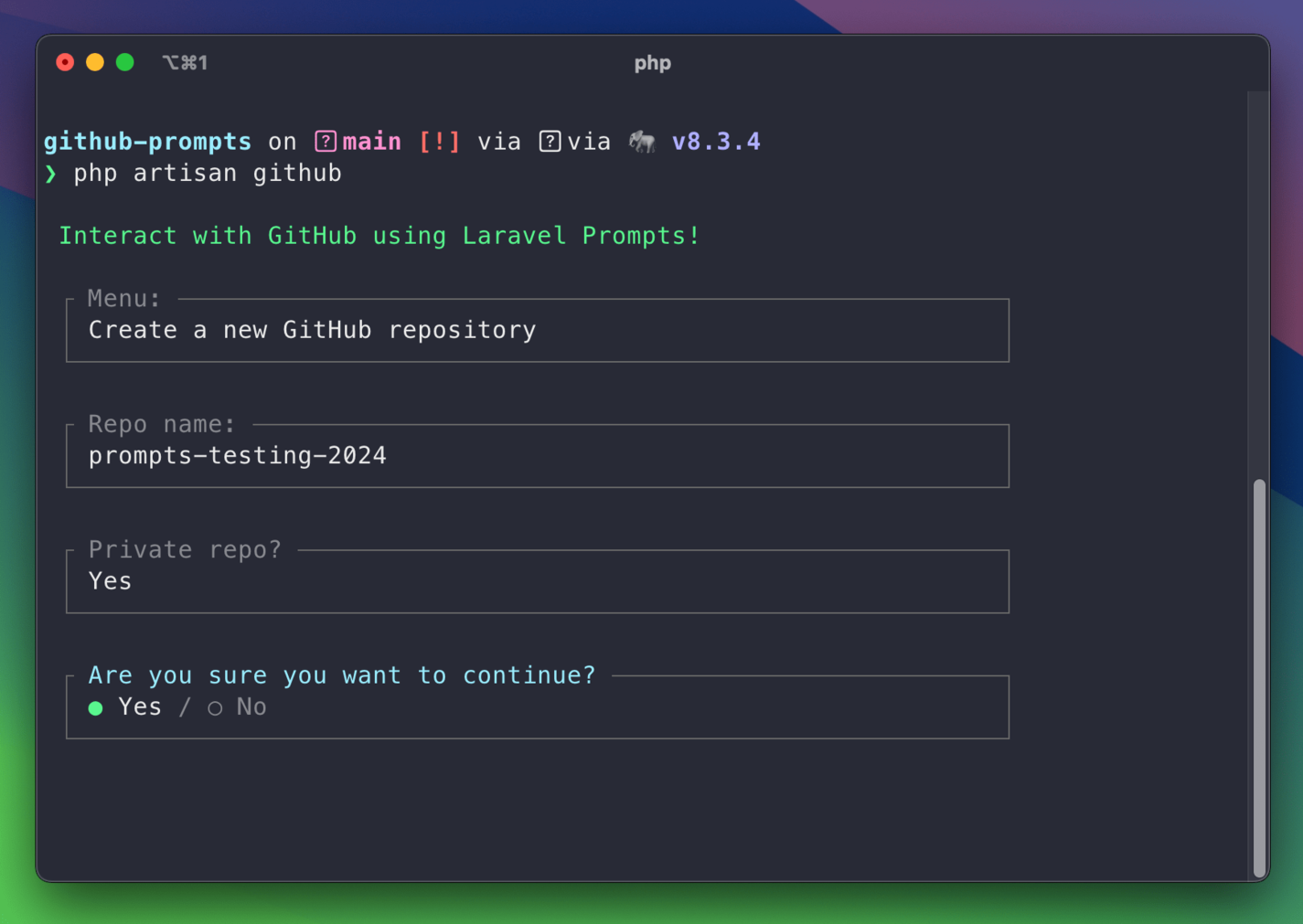 GitHub CLI demo create repo form