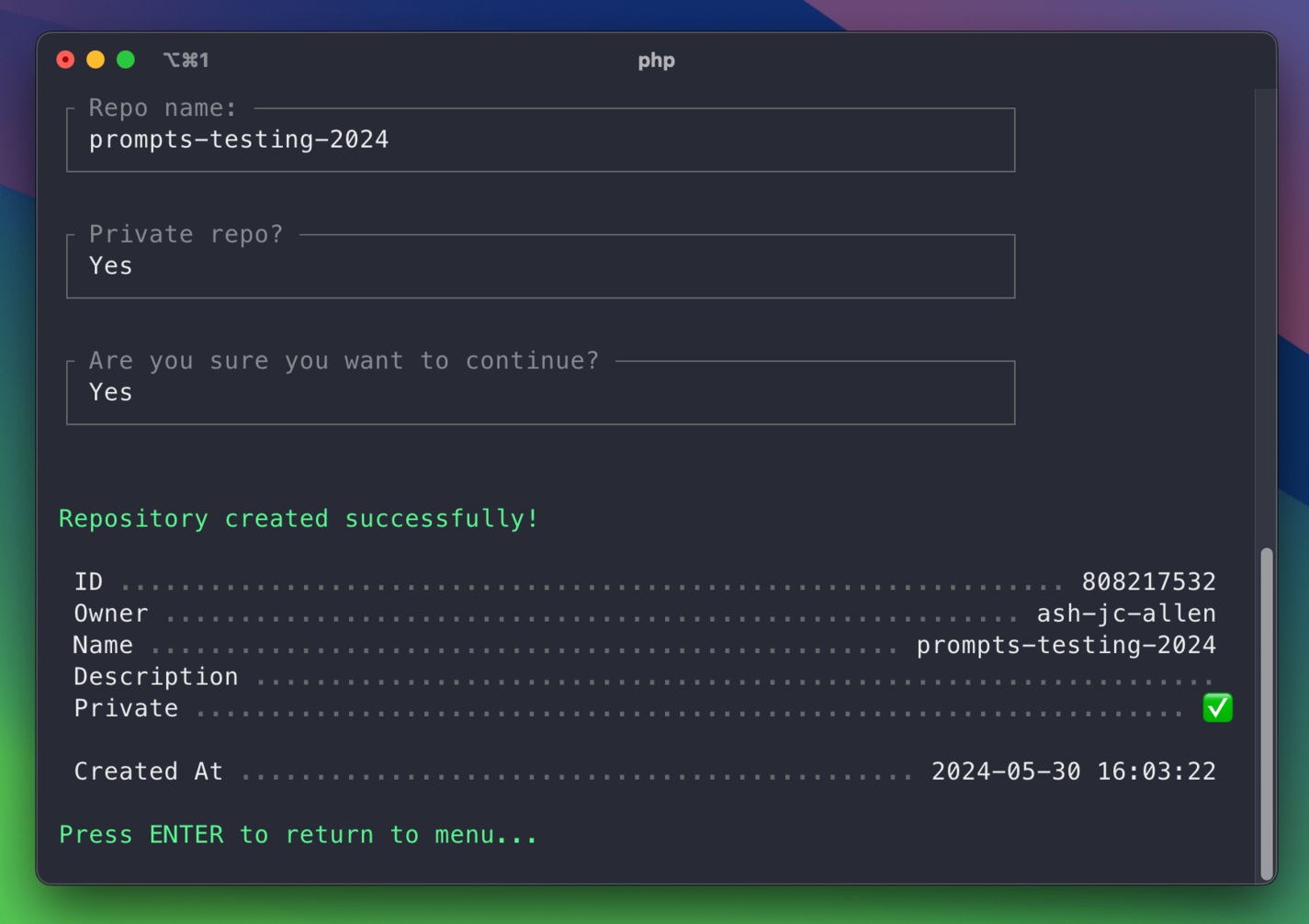 GitHub CLI demo create repo success